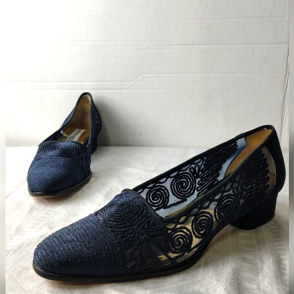 Vintage Catucci Navy Corded Fabric Sheer Women's Pumps Low Italy Leather Y2K 7.5